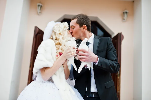 Свадебная пара с двумя белыми голубями — стоковое фото