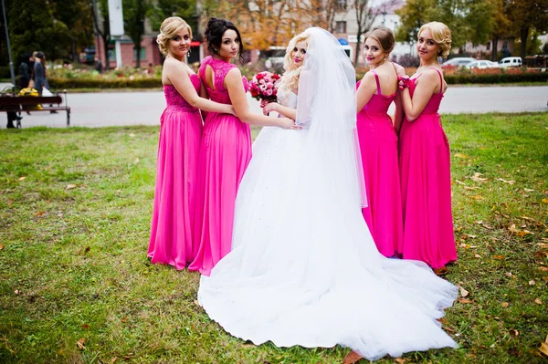 Four bridesmaids having fun with bride — Stock Photo, Image