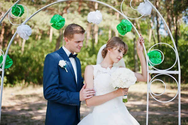 可爱的婚礼夫妇在阳光明媚的日子，在装饰 weddi 附近的松树林 — 图库照片