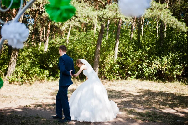 Schönes Hochzeitspaar am sonnigen Tag auf Kiefernholz in der Nähe von Dekoration Weddi — Stockfoto
