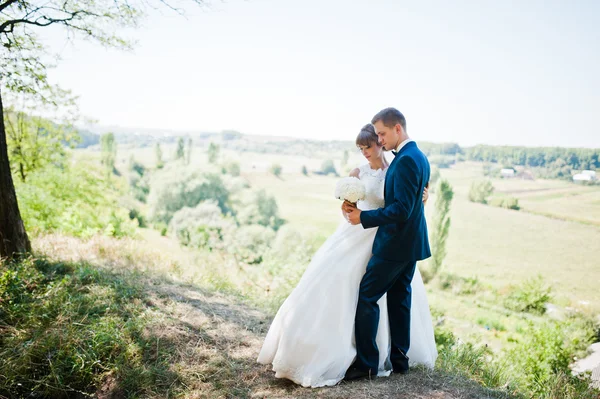 森背景パノラマでのカップルの結婚式 — ストック写真