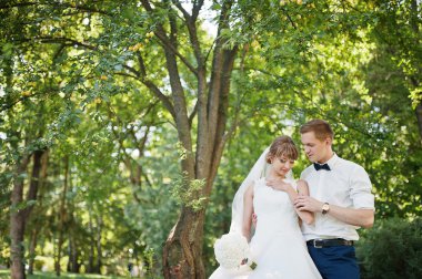 Ağaç ve çalı yakın park düğün çifte