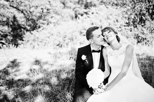 Casamento casal na floresta sentado em um toco — Fotografia de Stock