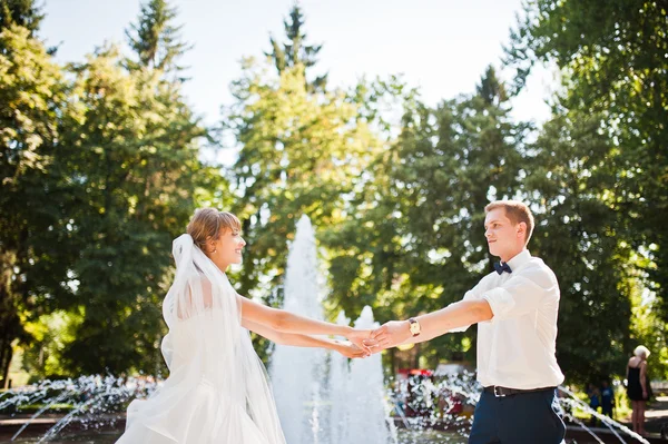 Couple de mariage près de la fontaine à la journée ensoleillée — Photo