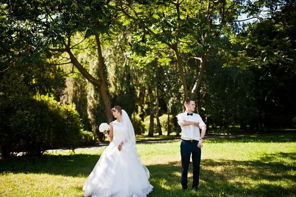 Hochzeitspaar im Park in der Nähe von Bäumen und Büschen — Stockfoto