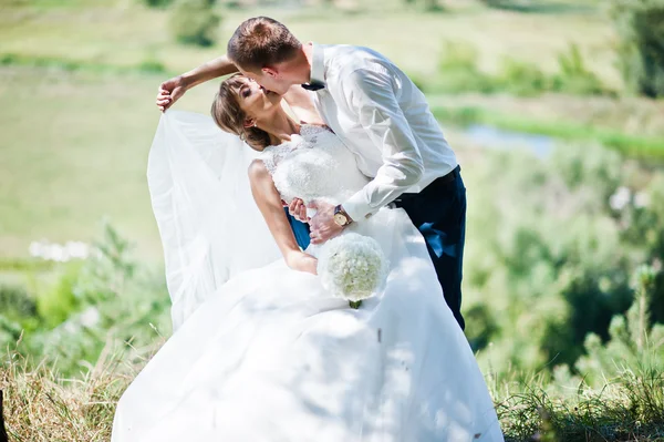 Bröllop par på skogen bakgrund panorama — Stockfoto