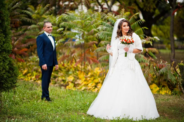 Verheugd huwelijksfeest paar verliefd op herfst park — Stockfoto