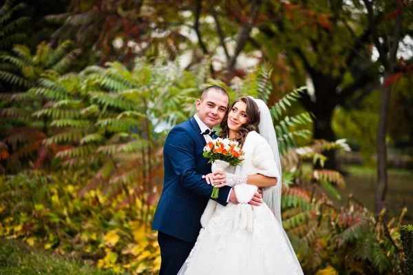Lyckliga bröllop par i kärlek på hösten park — Stockfoto