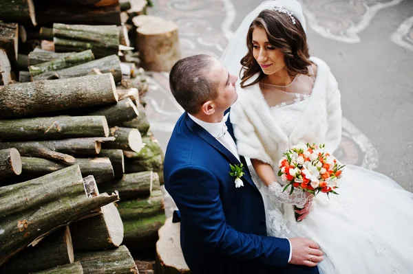 Svatební pár siitting pozadí mnoha pahýly — Stock fotografie
