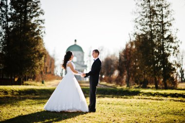 Şık Düğün çifti güneşli gün arka plan eski kilisede