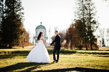 Şık Düğün çifti güneşli gün arka plan eski kilisede