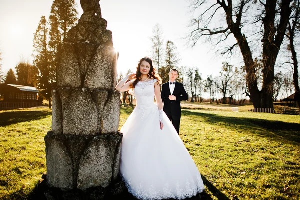 Hochzeitspaar bei Sonnenschein bleibt in der Nähe des alten Denkmals — Stockfoto