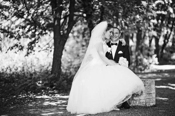 Modieuze bruidspaar zittend op een steen in het park. Zwart en w — Stockfoto