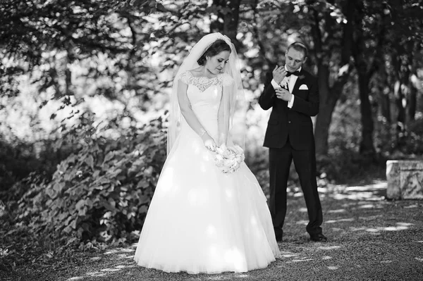 S & w Porträt eines stilvollen Hochzeitspaares im Park — Stockfoto