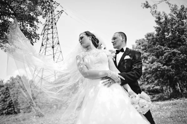 Fashionable wedding couple background electrical tower, long vei — Stock Photo, Image