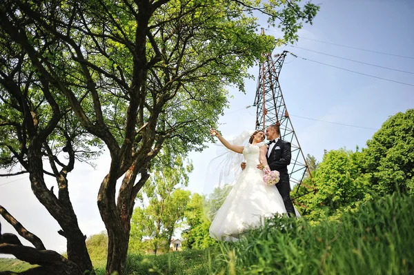 Fashionable happy wedding couple background electrical tower loo — Stock Photo, Image