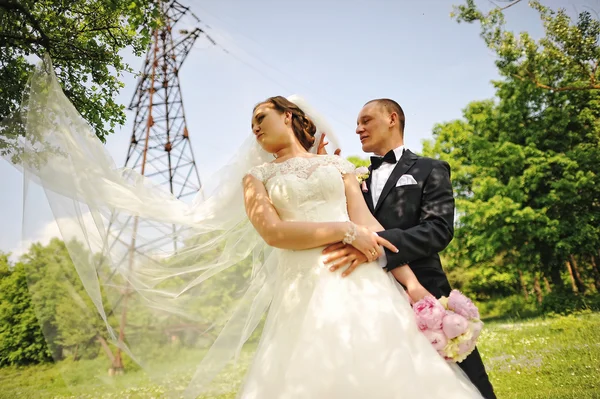 Модна весільна пара фон електрична вежа, довгий час — стокове фото