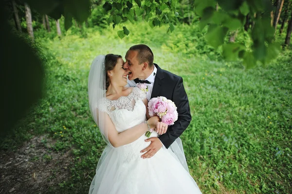 Funny wedding couple at forest, groom biting nose of bride — Stock Photo, Image