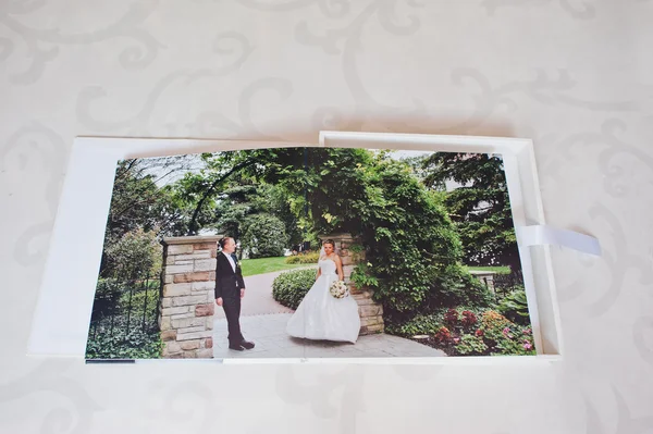 Dual pages of wedding photo book with wedding couple — Stock Photo, Image