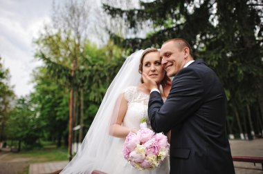 Damat gelin, şık Düğün çifti yüzünde ellerini tutmak