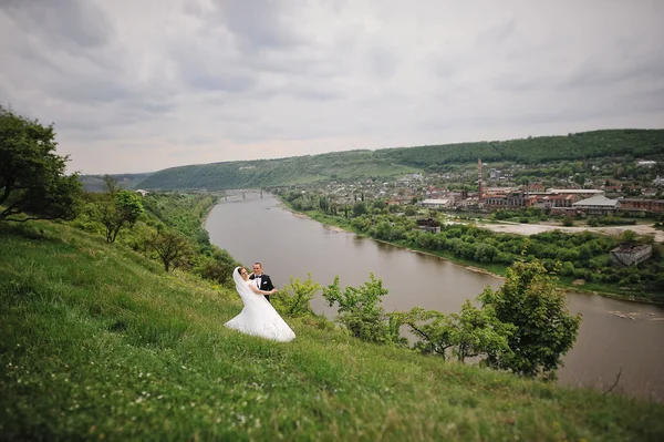 Underbara bröllop par på backen med river och vackra lan — Stockfoto