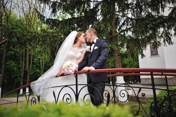 Beijar jovem casal de casamento de moda ficar perto de pequena ponte — Fotografia de Stock