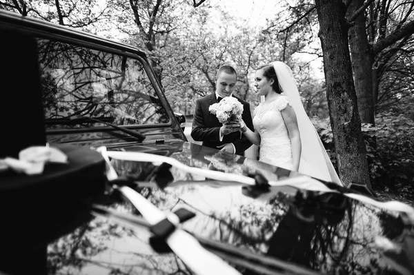 Pasangan pengantin yang anggun mobil pernikahan hitam latar belakang — Stok Foto