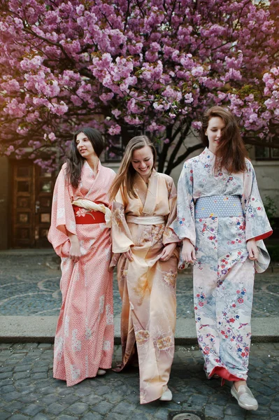 伝統的な日本の着物の backgro を身に着けているヨーロッパの 3 人の女の子 — ストック写真