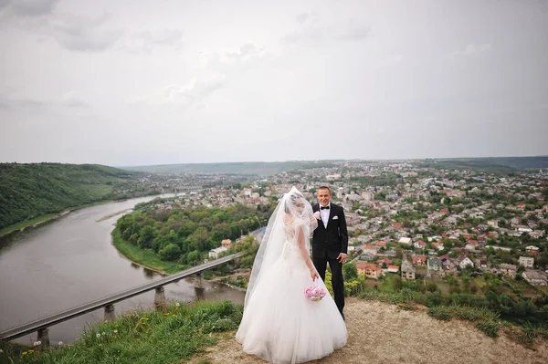 Bröllopsparet bakgrund fantastiska panorama över floden med bridge — Stockfoto