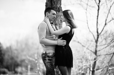 Aşık mutlu Romantik Çift ağaç ve sarılma yakınında kal. Siyah 