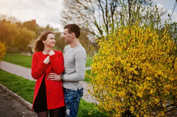 Milující pár objímat poblíž bush s žlutým květem — Stock fotografie