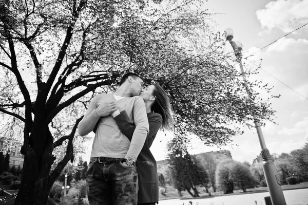 Étreinte couple en amour fond cerisier fleur d'arbre avec sunbe — Photo