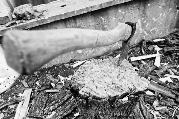 Cierre el hacha en el muñón. Foto en blanco y negro . —  Fotos de Stock