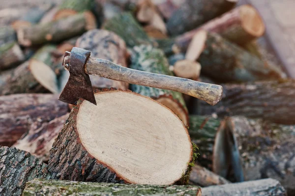 Axt in Baumstumpf im Hintergrund gehäckseltes Brennholz. — Stockfoto