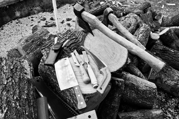 Dois eixos em tocos com ferramentas de trabalho de madeira fundo cortar fi — Fotografia de Stock