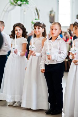Lviv, Ukrayna - 8 Mayıs 2016: İlk Komünyon töreni ben