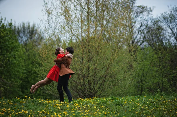 Pareja abrazándose en amor fondo amarillo flores campo. Elegante — Foto de Stock