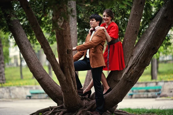 Ευτυχισμένο ζευγάρι που στέκεται στις ρίζες των δέντρων. Κομψός άνθρωπος στο βελούδο κοριτσάκιαπουλόβερ — Φωτογραφία Αρχείου
