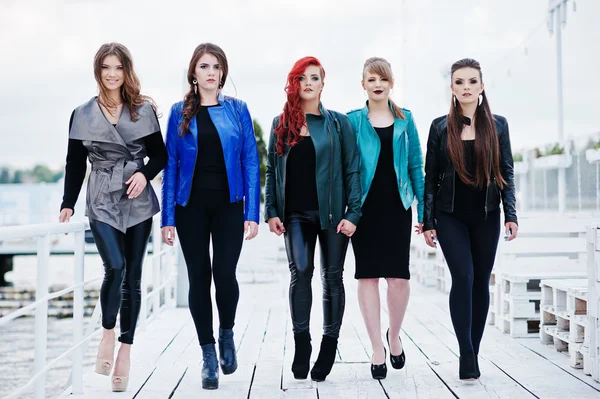 Cinco belos modelos de meninas em jaquetas de couro posando em b — Fotografia de Stock