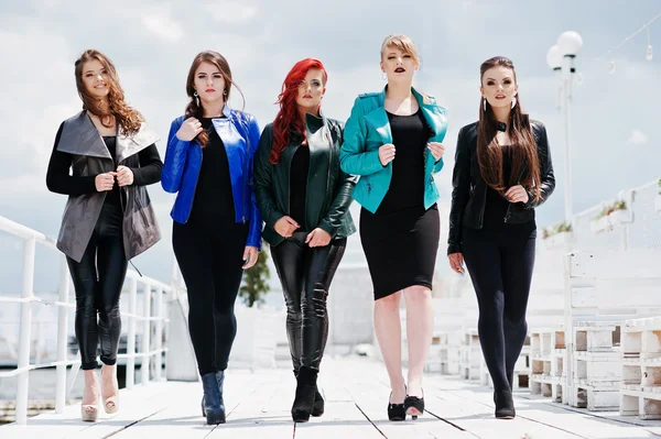 Fem vackra unga flickor modeller på skinnjackor poserar på b — Stockfoto