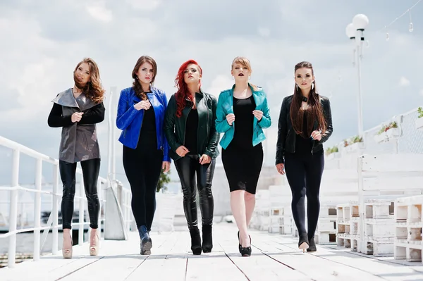 Cinque belle ragazze modelle a giacche di pelle in posa su b — Foto Stock