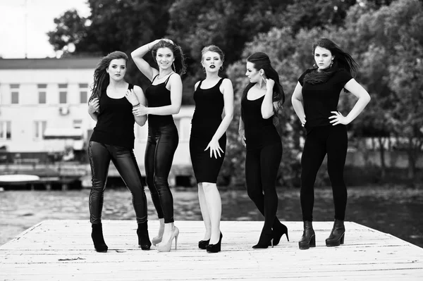 Pět krásné mladé sexy dívky modely v černém těsné šaty polohovacího — Stock fotografie