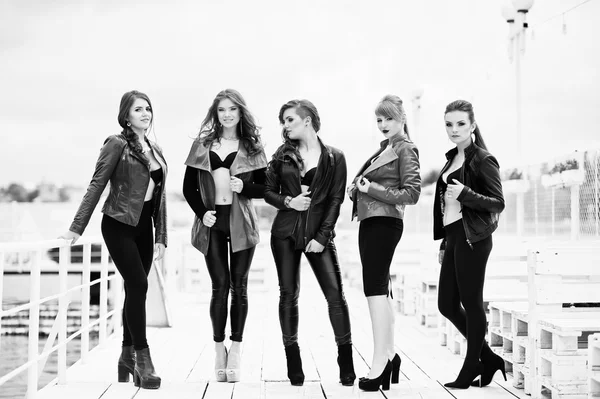 Groupe de modèles sexy filles en soutien-gorge noir et vestes en cuir sur t — Photo