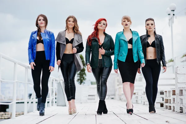 Grupo de modelos sexy chicas en sujetador negro y chaquetas de cuero en t —  Fotos de Stock