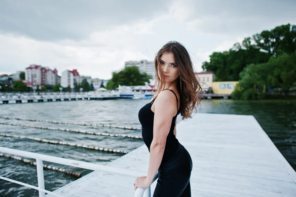 Portrait of gorgeous sexy brunette girl model in black shirt and — Stock Photo, Image