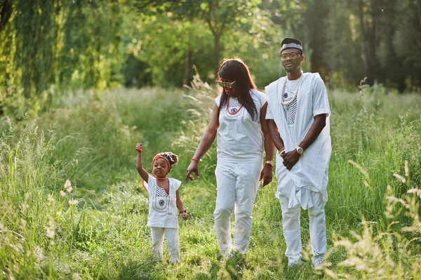 Afroamericano familia en blanco nigeriano vestido nacional tener — Foto de Stock