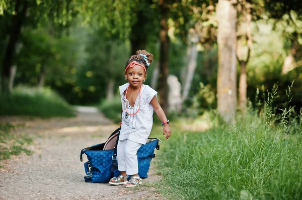 Engraçado menina africana com saco grande no parque — Fotografia de Stock