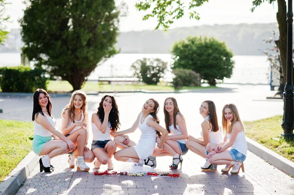 Sete meninas felizes e sexy em shorts curtos sentaram-se no parque do por do sol em — Fotografia de Stock