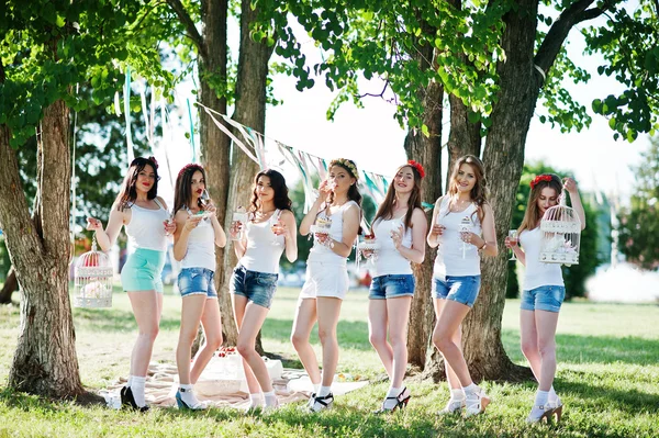 Seven happy and sexy girls on short shorts and white shirts pose — Stock Photo, Image