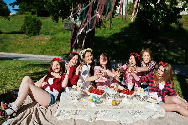 Bacheloret üzerinde piknik masada oturan yedi mutlu ve seksi kızlar — Stok fotoğraf